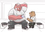 anthro bottomwear brown_body clothing duo eyes_closed kemono male necktie overweight overweight_male pants shirt sitting topwear hon55728 mammal suid suine sus_(pig) wild_boar 2025 hi_res