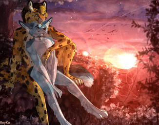 4_toes 5_fingers anthro duo feet fingers fur hug looking_at_another love male male/male nude orange_body orange_fur paws plant romantic romantic_couple sitting smile sun toes tree reykoli canid canine canis domestic_dog felid feline fox mammal wolf full-length_portrait portrait