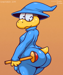 anthro big_butt blue_clothing bulge butt clothing eyewear femboy glasses holding_object male simple_background solo spandex thick_thighs tight_clothing wand yellow_body yellow_skin frumples mario_bros nintendo koopa koopa_troopa magikoopa reptile scalie 2019 digital_media_(artwork)