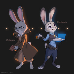 alternate_universe anthro barefoot belt carrot_pen clothed clothing coat dipstick_ears duo ear_markings feet fully_clothed fur grey_body grey_fur holding_object lights multicolored_ears open_mouth open_smile police police_uniform purple_eyes simple_background smile standing topwear uniform misayumeow disney zistopia zootopia judy_hopps lagomorph leporid mammal rabbit 1:1 2020 hi_res