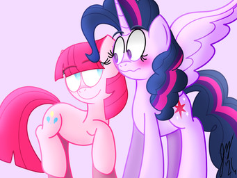 blush duo female feral hairstyle_change hooves horn raised_hoof simple_background smile wings jesslmc16 friendship_is_magic hasbro my_little_pony mythology pinkie_pie_(mlp) twilight_sparkle_(mlp) earth_pony equid equine horse mammal mythological_creature mythological_equine pony winged_unicorn 4:3 hi_res