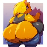 anthro big_breasts big_butt bottomwear bottomwear_down breasts butt butt_focus cellulite clothed clothing female huge_breasts huge_butt hyper hyper_breasts looking_at_viewer looking_back markings open_mouth overweight pants pants_down partially_clothed purple_eyes rear_view shadow shirt solo standing tank_top thick_thighs topwear yellow_body trinity-fate62 parfait_(plaga) tubbs_(plaga) felid mammal pantherine tiger 1:1 absurd_res hi_res