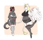 angel anthro belly_overhang bindweed_(artist) black_clothing black_lingerie blonde_hair blue_eyes border bottomless bow_ribbon bra breasts choker cleavage clothed clothing demon domestic_cat duo felid feline felis female front_view fur garter_belt garter_straps grey_body grey_fur hair hand_on_belly heart_choker heart_symbol horn hybrid ira_aetheria jewelry larger_female legwear lingerie lion mammal navel necklace outie_navel pantherine partially_clothed pawpads paws pregnant pregnant_female red_eyes red_hair red_sclera sibling_(lore) simple_background sister_(lore) sisters_(lore) size_difference skye_aetheria smaller_female smile stockings tail tail_tuft teddy_(clothing) teeth thick_thighs thigh_highs translucent translucent_clothing tuft underwear white_body white_border white_clothing white_fur white_lingerie wings