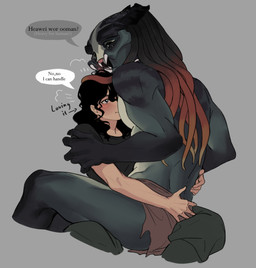 5_fingers arm_around_back black_eyes black_hair blush bottomwear clothed clothing dialogue duo face_on_chest female female_human female_on_bottom female_on_humanoid fingers hair hand_on_arm hug human_on_bottom human_on_humanoid humanoid_on_top interspecies light_body light_skin loincloth loincloth_only long_hair male male/female male_humanoid male_on_human male_on_top mandibles on_bottom on_lap on_top pants pecs pseudo_hair sharp_teeth shirt sitting_on_lap t-shirt teeth tentacle_hair tentacles text topless topwear xenophilia leafjuly predator_(franchise) alien alien_humanoid human humanoid mammal yautja english_text hi_res