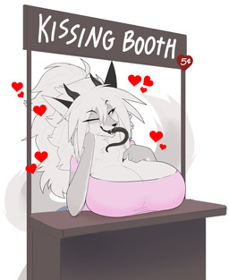anthro bedroom_eyes big_breasts biped black_tongue breasts clothed clothing female female_anthro fur grey_body grey_fur hair heart_symbol hearts_around_head horn huge_breasts kissing_booth long_hair long_tongue looking_at_viewer multicolored_body multicolored_fur narrowed_eyes one_eye_closed pink_eyes seductive smile smiling_at_viewer solo tongue tongue_out two_tone_body two_tone_fur white_body white_fur white_hair wink winking_at_viewer fuzzikayu kalinne_(fuzzikayu) canid canine canis hybrid mammal wolf 2026 absurd_res digital_media_(artwork) hi_res