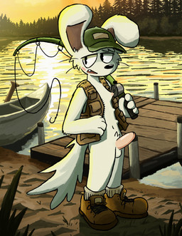 ambiguous_gender anthro balls belly_nipples black_nose blush blush_lines boat boots breasts canoe casual_nudity clothed clothing erection exhibitionism fish_hook fishing fishing_rod footwear forest genitals grass green_clothing green_hat green_headwear half-closed_eyes hat headgear headwear hook lake light long_tail male narrowed_eyes nature nipples open_mouth outside paddle partially_clothed penis pier plant public sand shoes socks solo standing sunlight sunset tail teeth text topwear tree vehicle vest water watercraft whiskers bunnymutt lagomorph leporid mammal rabbit english_text hi_res
