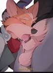 animal_genitalia anthro balls black_clothing black_nose black_shirt black_topwear bodily_fluids clothing cum cum_inside_mouth duo fellatio fur genital_fluids genitals knot male male/male oral orange_body orange_fur penile sex sheath shirt text topwear white_body white_fur einshelm nintendo star_fox fox_mccloud wolf_o'donnell canid canine canis fox mammal wolf hi_res