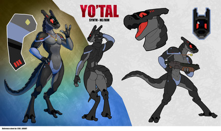 antennae_(anatomy) anthro armored_tail biped holding_object holding_weapon holographic_eyes jewelry male necklace open_mouth solo standing weapon yo'tal sir_lorart synth_(vader-san) absurd_res hi_res reference_image