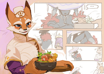 anthro black_claws black_finger_claws black_nose blue_eyes claws clothed clothing duo finger_claws fingers food fur headgear headwear open_mouth purple_clothing purple_topwear serving serving_food teeth topwear white_clothing white_headwear white_topwear kun_blackcat beastro panko_(beastro) caracal_(genus) felid feline mammal 2026 absurd_res comic hi_res