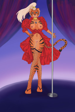 anthro bottomless breasts clothed clothing dress female fishnet_clothing fishnet_legwear genitals legwear nipples pole solo stockings stripper stripper_pole topless vulva phoelixhelle felid mammal pantherine tiger 2:3 hi_res