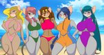 anthro areola beach blonde_hair blue_hair breasts brown_hair clothed clothing cloud female fur grey_body grey_fur group hair long_hair looking_at_viewer pink_hair sand sea seaside skimpy sky swimwear water mastergodai geronimo_stilton_(series) thea_sisters colette_(thea_sisters) nicky_(thea_sisters) pamela_(thea_sisters) paulina_(thea_sisters) violet_(thea_sisters) mammal mouse murid murine rodent