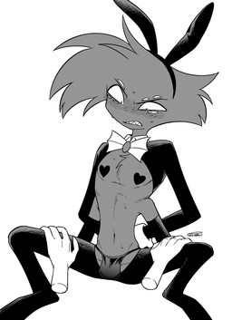 ambiguous_gender bulge clothing costume disembodied_hand duo fake_ears fake_rabbit_ears male multi_eye pasties reverse_bunny_costume thong underwear enaic31 hazbin_hotel hellaverse arackniss_(hazbin_hotel) arachnid arthropod demon humanoid spider absurd_res hi_res monochrome