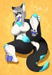 4_toes anthro big_breasts biped black_body black_fur blue_eyes breasts claws featureless_breasts featureless_crotch feet female fur grey_hair hair hindpaw long_hair looking_at_viewer non-mammal_breasts nude pawpads paws plantigrade simple_background sitting slightly_chubby soles solo spread_legs spreading tail toes tongue tongue_out white_body white_fur yellow_background kurube mythology dragon furred_dragon furred_scalie mythological_creature mythological_scalie scalie hi_res