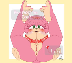 accessory anthro anus barefoot big_breasts breasts clothing dialogue dress eyelashes feet female genitals green_eyes hair_accessory hairband legs_up narrowed_eyes pink_body solo sparkles speech_bubble spread_legs spreading tail vulva lyart sega sonic_the_hedgehog_(series) amy_rose eulipotyphlan hedgehog mammal