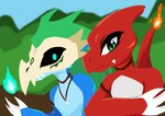 blue_body claws duo fangs fire green_eyes jewelry male markings mask necklace red_body smile smiling_at_viewer teeth shadowsoulful nintendo pokemon kalil_(shadowsoulful) zethe_(shadowsoulful) charmeleon generation_1_pokemon kobold pokemon_(species) reptile scalie bust_portrait hi_res lineless portrait