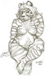 anthro biped black_and_white body_hair breasts chest_tuft crossed_legs felid female fur hair happy_trail it's_a_trap! looking_at_viewer mammal monochrome nipples nude overweight overweight_anthro overweight_female pantherine pose pubes short_hair sitting solo stripes tiger tuft