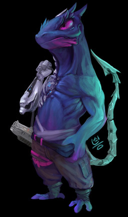 anthro blue_body bottomwear clothed clothing cybernetic_arm cybernetic_limb cybernetic_tail cybernetics gun machine male mechanical_arm muscular muscular_anthro muscular_male pants purple_eyes ranged_weapon scales simple_background solo tail weapon neungsonie ecko_(neungsonie) lizard reptile scalie digital_media_(artwork) hi_res