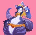 anthro big_hands bottomwear clothing crop_top dolphin_shorts female flat_chested hair hoodie long_hair low-angle_view midriff navel pawpads paws pear-shaped_figure purple_body shirt shorts small_waist solo striped_body stripes tail thick_arms thick_thighs topwear wide_hips ground-lion tsukiyo unknown_species 2016 digital_media_(artwork)