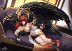 alcohol beverage biceps big_breasts black_body black_feathers braided_hair breasts clothed clothing container cup drinking_glass feathered_wings feathers female furniture glass glass_container glass_cup hair long_hair muscular muscular_female quads reclining red_hair sofa solo tattoo wine wine_glass wings crescentia_fortuna humanoid winged_humanoid