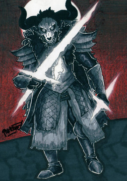 2_horns anthro armor biped black_sclera bone boots bovid_horn bovine_horn bull_horn clothed clothing dual_wielding dutch_angle footwear fully_clothed glowing_weapon grey_clothing holding_melee_weapon holding_object holding_sword holding_weapon horn light_sword male melee_weapon pupils shoes skull skull_head solo standing sword weapon white_pupils parasitedeath dark_souls fromsoftware fan_character bovid bovine cattle mammal 2022 full-length_portrait hi_res portrait restricted_palette traditional_media_(artwork)