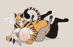 amazon_position anthro big_breasts black_body black_fur blonde_hair blush breast_smother breasts butt cloven_hooves dewclaw_hooves digitigrade duo ear_piercing ear_ring female female_on_top fur grey_body grey_fur hair hooves horn huge_breasts larger_female male male/female male_on_bottom multicolored_body multicolored_fur on_bottom on_top orange_body orange_fur pawpads paws piercing predator/prey ring_piercing sex simple_background size_difference sleeping smaller_male smothering stripes text unguligrade white_body white_fur securipun dewi_(securipun) jeannine_(securipun) bovid caprine felid mammal pantherine sheep tiger 2021 english_text hi_res