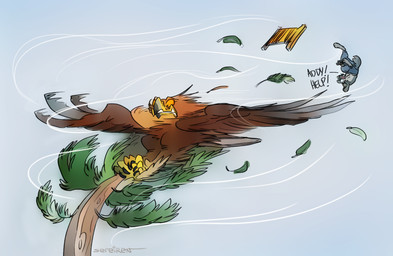anthro beak bottomwear branch brown_body brown_feathers claws clothing duo feathers feet female fence feral fur grey_body grey_fur hindpaw leaf male midair open_mouth orange_eyes orange_sclera pants paws plant sky text tree upside_down wind wings conditional_dnp sefeiren frisky_ferals no_harm_no_fowl addison_(frisky_ferals) devon_(frisky_ferals) accipitrid accipitriform avian bird canid canine canis eagle golden_eagle mammal true_eagle wolf digital_media_(artwork) english_text sketch