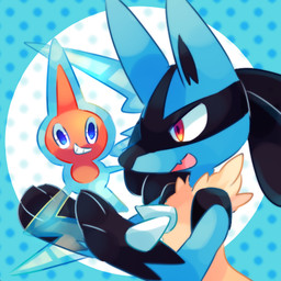 ambiguous_gender anthro blue_eyes duo facial_markings fur head_markings leg_markings markings multicolored_body multicolored_fur neck_tuft orange_body orange_eyes pattern_background simple_background socks_(marking) spikes tuft zoroa553 nintendo pokemon generation_4_pokemon lucario normal_rotom pokemon_(species) rotom 1:1 2018 low_res