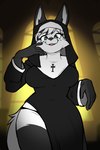 anthro big_breasts breasts clothed clothing female freckles front_view fully_clothed fur green_eyes grey_body grey_fur looking_at_viewer nun nun_habit nun_outfit religious_clothing smile solo standing white_body white_fur sutagaki canid canine mammal hi_res