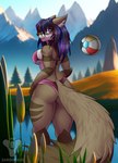 anthro back-tie_bikini back-tie_clothing back-tie_swimwear big_breasts big_butt bikini breasts butt butt_pose cattail_(plant) clothed clothing detailed_background female fur grass hair mountain neck-tie_bikini neck-tie_clothing neck-tie_swimwear outside plant pond pose purple_eyes sky smile solo swimwear tail tree two-piece_swimsuit valley water l-i-t-t-l-e_f-i-r-e zardoseus destiny_(video_game) destiny_2 kyla_gray_(zardoseus) canid canine canis fox ghost_(destiny) mammal absurd_res digital_media_(artwork) hi_res