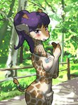 anthro balls blush breasts erection foreskin genitals gynomorph humanoid_genitalia humanoid_penis implied_transformation intersex looking_at_viewer nipples penis semi_public solo standing yajima giraffe giraffid mammal hi_res