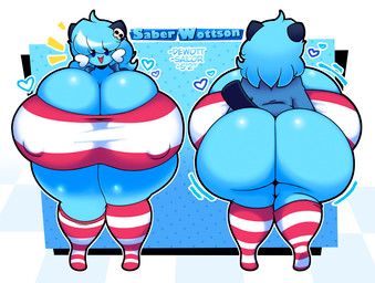 accessory anthro back_boob big_breasts big_butt biped blue_body blue_clothing blue_hair blush blush_lines bottomless bottomless_female breasts butt cleavage clothed clothing emanata eyelashes female footwear front_view glistening glistening_breasts glistening_butt hair hair_accessory hairpin heart_symbol huge_breasts huge_butt huge_thighs hyper hyper_breasts legwear monotone_body multiple_angles nipple_outline open_mouth open_smile rear_view smile socks solo standing tail text thick_thighs topwear whiskers dewbber nintendo pokemon saber_wottson dewott generation_5_pokemon mammal pokemon_(species) 2024 absurd_res character_name digital_drawing_(artwork) digital_media_(artwork) english_text hi_res