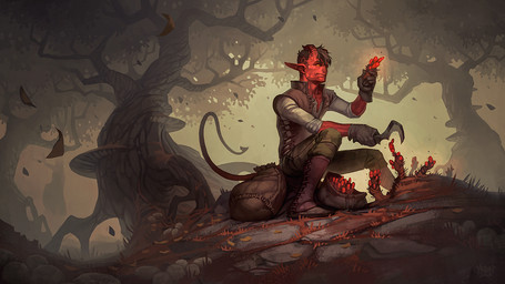 bag boots clothing detailed_background fog footwear forest gloves hair handwear holding_melee_weapon holding_object holding_weapon horn humanoid_pointy_ears looking_aside male melee_weapon not_furry outside plant pointy_ears red_body shoes solo spade_tail tail tree weapon yngvar_asplund humanoid tiefling 2013