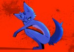absurd_res anthro aoiyokai arms_on_knees blood blood_splatter blue_body blue_eyes blue_fur bodily_fluids canid canine crouching demon dipstick_limbs fox fox_tail fur hi_res horn hybrid looking_aside male mammal raised_tail red_background simple_background solo tail