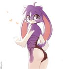 anthro blue_eyes bulge butt clothing eyewear fur glasses hair heart_symbol looking_at_viewer looking_back male multicolored_body multicolored_fur one-piece_swimsuit purple_body purple_fur purple_hair side-tie_swimwear simple_background smile solo swimwear two_tone_body two_tone_fur white_background white_body white_fur hyn1x thistle_(thistlebunny) lagomorph leporid mammal rabbit absurd_res hi_res