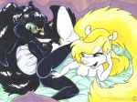 anthro arms_bent bed bent_leg black_body black_fur blonde_hair blue_eyes breast_squish breasts duo extended_leg eyewear female female/female fingering fingering_partner fluffy fluffy_tail fur furniture genitals glasses green_eyes hair lying masturbation mutual mutual_fingering mutual_masturbation mutual_vaginal nipple_fetish nipple_play nipples nude on_bed on_front on_side pussy raised_leg sex spread_legs spreading squish tail tongue tongue_out vaginal vaginal_fingering white_body white_fur yellow_body yellow_fur fatalis_(artist) animaniacs warner_brothers fan_character minerva_mink mammal mink mustelid musteline true_musteline 4:3