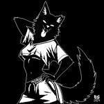 anthro black_background black_body black_fur black_shading bottomwear breasts claws clothing crop_top curvy_figure fangs female finger_claws fingers fluffy fluffy_tail fur hand_behind_head hand_on_hip head_tuft inner_ear_fluff looking_at_viewer midriff monotone_background navel notched_ear open_mouth outline pants raised_arm shirt simple_background smile smiling_at_viewer solo sweatpants tail teeth tongue tongue_out topwear tuft under_boob white_bottomwear white_clothing white_eyes white_fangs white_inner_ear_fluff white_nose white_outline white_tongue white_topwear ezeeshady canid canine canis mammal wolf 1:1 2024 black_and_white digital_media_(artwork) monochrome pixel_(artwork) signature