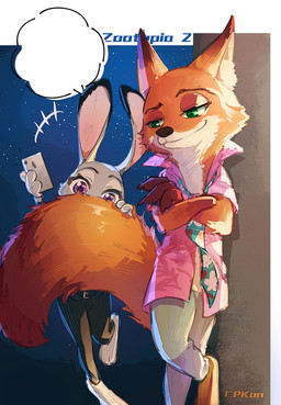 aloha_shirt anthro cellphone clothing duo electronics female female_anthro fur green_eyes grey_body male male_anthro necktie orange_body pattern_clothing pattern_shirt pattern_topwear phone purple_eyes shirt smartphone topwear white_body white_fur cpkon disney zootopia judy_hopps nick_wilde canid canine european_rabbit fox lagomorph leporid mammal oryctolagus rabbit red_fox true_fox hi_res