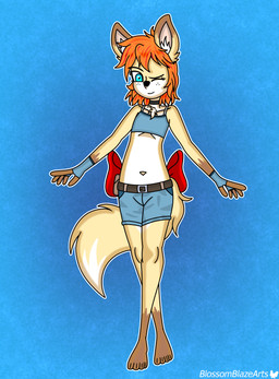accessory anthro belt black_nose bottomwear bow_accessory bow_ribbon chest_tuft choker clothed clothed_female clothing crossed_legs dipstick_tail female fingerless_gloves flat_chested fluffy fluffy_chest freckled_face freckles fur furgonomics gloves gloves_(marking) hair handwear jewelry leg_markings long_tail markings navel necklace neckwear one_eye_closed orange_hair pose ribbons shirt short_hair shorts smile smiling_at_viewer socks_(marking) solo spread_arms tail tail_accessory tail_bow tail_markings tail_ribbon tank_top topwear tuft wink yellow_body yellow_fur young young_anthro young_female blossomblaze blossomblaze_(character) canid canine fox mammal absurd_res hi_res