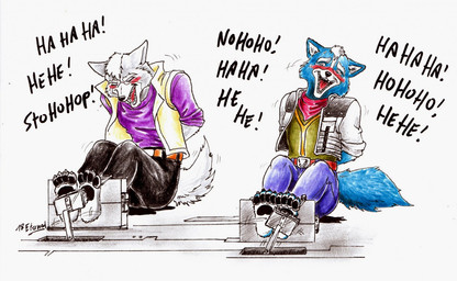 4_toes anthro belt black_bottomwear black_clothing black_nose black_pants black_pawpads blue_body blue_bottomwear blue_clothing blue_fur blue_pants blush bodily_fluids bottomwear claws clothed clothed_anthro clothed_male clothing crying_laughing duo exclamation_point eyebrows eyes_closed feet fur grey_body grey_fur hands_behind_back jacket kerchief laugh male motion_lines multicolored_body multicolored_fur neckerchief neckwear open_clothing open_jacket open_mouth open_smile open_topwear pants pawpads paws purple_clothing purple_shirt purple_topwear red_kerchief red_neckerchief red_tongue restrained restrained_feet restraints shirt simple_background sitting smile stocks tail tears tickle_fetish tickle_torture tickling tickling_feet toe_claws toe_restraints toes tongue topwear two_tone_body two_tone_fur white_background white_body white_eyebrows white_fur white_inner_ear eternal.knot nintendo star_fox alister_o'donnell fan_character marcus_mccloud canid canine canis fox mammal wolf