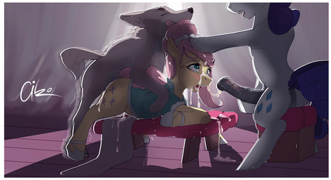 after_sex alternate_hairstyle animal_genitalia animal_penis anthro backlighting bench blush bodily_fluids border bottomless butt chair clothed clothing crossgender cum cum_drip cum_in_hair cum_in_mouth cum_in_vagina cum_inside cum_on_face cum_string curtains cutie_mark dark dress dripping equine_genitalia equine_penis erection eyebrows eyelashes eyes_closed fellatio female feral feral_on_feral footwear from_behind_position ftm_crossgender fur furniture genital_fluids genitals group group_sex hair holding_penis hooves inner_ear_fluff inside interspecies light looking_at_another looking_at_partner looking_up lying male male/female male_penetrating medial_ring motion_lines mounting nude on_bench on_top open_mouth oral paws penetration penile penis pink_hair pivoted_ears pull_out purple_hair sex shadow shoes sitting spitroast teal_eyes teeth threesome tongue towel trio tuft vaginal vaginal_penetration vein white_border aiko_stable friendship_is_magic hasbro my_little_pony fluttershy_(mlp) rarity_(mlp) canid canine canis domestic_dog equid mammal 2017 hi_res lighting signature
