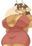 anthro big_breasts breasts brown_hair cleavage clothed clothing curvy_figure female hair hand_on_hip huge_breasts nipple_outline open_mouth open_smile smile solo thick_thighs voluptuous wide_hips slightlysimian molly_(slightlysimian) bovid bovine cattle mammal