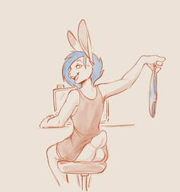 anthro biped blue_hair bottomless butt clothed clothing computer dominant dominant_female electronics female female_anthro flashing_butt gaming hair holding_clothing holding_object holding_panties holding_underwear looking_at_viewer no_underwear panties rear_view shirt sitting tank_top teasing topwear underwear disnomia nyxapnea kat_(disnomia) lagomorph leporid mammal rabbit artist_collaboration hi_res sketch