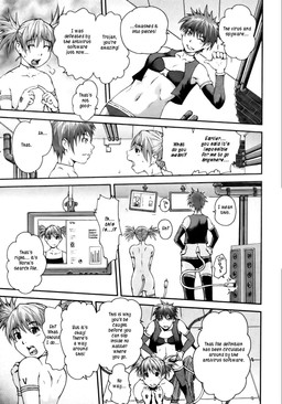 artificial_intelligence clothed clothing duo female hair heart_(marking) heart_symbol machine male markings not_furry nude open_mouth standing technology teeth text tongue kyoumoto_takayuki android computer_virus_(species) digital_creature human mammal robot comic english_text greyscale hi_res monochrome
