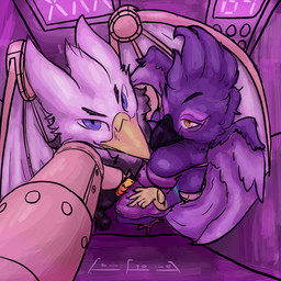 anthro apron beak black_beak black_body black_fur blue_eyes clothing duo elevator feathers female fur genitals gradient_penis high-angle_view looking_at_viewer male male/female mechanical_wings penis prosthetic purple_body purple_feathers white_body white_feathers yellow_beak yellow_eyes trifolia_wolf mythology glaron lakia_(cheriathelillilox) avian bird corvid gryphon magpie_(corvid) mythological_avian mythological_creature oscine passerine 1:1 hi_res