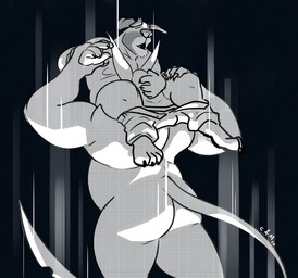 anthro belly between_legs big_belly big_ears bottomwear bottomwear_down clothed clothing duo eyes_closed head_between_legs male male/male moobs open_mouth oral overweight overweight_anthro overweight_male pants pants_down partially_clothed simple_background standing topless chocolateandmilk richard_(chocolateandmilk) canid canine mammal 2020 dated hi_res monochrome signature