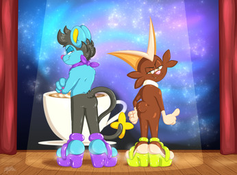 after_dancing anthro claw_polish claws clothing coffee_cup colored_nails container cosmic_background cup duo feet footwear glistening glistening_body glistening_clothing glistening_feet glistening_footwear high_heels kerchief male nails neckerchief neckwear pose posing_for_the_viewer purple_kerchief purple_neckerchief rear_view scut_tail shoes short_tail smile smiling_at_viewer smirk smirking_at_viewer stage stage_curtains stage_lights standing steamy_feet tail benjipaws nintendo pokemon hazel_coffeebean twinkle_moondust felid feline generation_4_pokemon generation_5_pokemon generation_8_pokemon lagomorph legendary_pokemon lion luxio mammal pantherine pokemon_(species) scorbunny victini hi_res