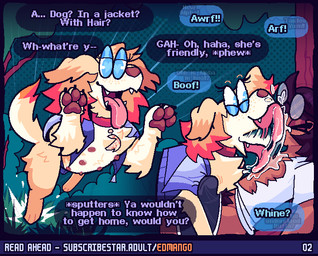 belly_nipples bulge_rubbing clothed clothed_feral clothing collar duo erection erection_under_clothing eyewear face_lick female feral forest forest_background glasses heart_eyes heart_symbol large_glasses licking long_tongue male male/female nature nature_background paws plant speech_bubble text tongue torn_clothing tree edmango alpha_(edmango) huffa_(edmango) bird_dog canid canine canis domestic_dog golden_retriever human hunting_dog mammal retriever english_text