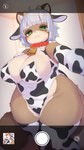 animal_print animal_print_bikini anthro armwear bell bell_collar big_breasts bikini blush breasts brown_body brown_fur cellphone clothing collar cow_print cow_print_armwear cow_print_bikini cow_print_thigh_highs depth_of_field electronics fake_ears fake_horns female fur green_eyes hair huge_breasts inside kemono legwear multicolored_body nails pattern_bikini pattern_clothing pattern_swimwear phone phone_screen phone_view selfie slightly_chubby smartphone solo swimwear teeth teeth_showing thick_thighs thigh_highs two-piece_swimsuit two_tone_body white_hair 848siba apple_inc. iphone canid canine mammal raccoon_dog tanuki 9:16 absurd_res hi_res