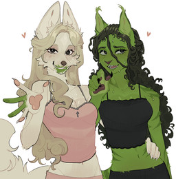 5_fingers anthro biped bite_mark bite_mark_on_neck bottomwear breasts brown_body brown_fur brown_hair brown_tail claws clenched_teeth clothed clothed_anthro clothed_female clothing duo female female/female finger_claws fingers front_view fully_clothed fully_clothed_anthro fully_clothed_female fur green_body green_fur green_hair green_tail hair hand_on_hip handpaw heart_symbol long_hair looking_at_viewer navel open_mouth open_smile paws simple_background smile standing tail teeth tongue topwear white_background raccoattack the_wonderful_wizard_of_oz wicked_(movie) wicked_(musical) glinda wicked_witch_of_the_west canid canine felid feline mammal 2025 digital_drawing_(artwork) digital_media_(artwork) hi_res