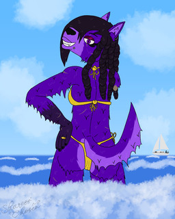 amputee anthro arm_scar back_scar background_sex beach bedroom_eyes bikini boat breasts butt butt_scar camel_toe camel_toe_from_behind clothing cloud cloudy_sky digit_ring disability dreadlocks ear_piercing ear_ring eye_scar eyeshadow facial_piercing facial_scar female fur gold_bikini hair hair_over_eye hand_on_hip hand_scar jewelry leg_scar lip_piercing lips long_hair looking_at_viewer looking_back makeup missing_arm narrowed_eyes notched_ear outside partially_submerged piercing pose purple_body purple_fur purple_hair rear_view ring ring_piercing sailing_boat sailing_watercraft scar scars_all_over sea seductive sky snakebite_piercing soaked solo standing swimwear thick_lips toothy_grin two-piece_swimsuit vehicle water watercraft wave wedding_ring wet wet_body wet_fur sharess'_chosen golden_week luna_oliver canid canine canis mammal wolf 2026 4:5 absurd_res digital_drawing_(artwork) digital_media_(artwork) hi_res pinup